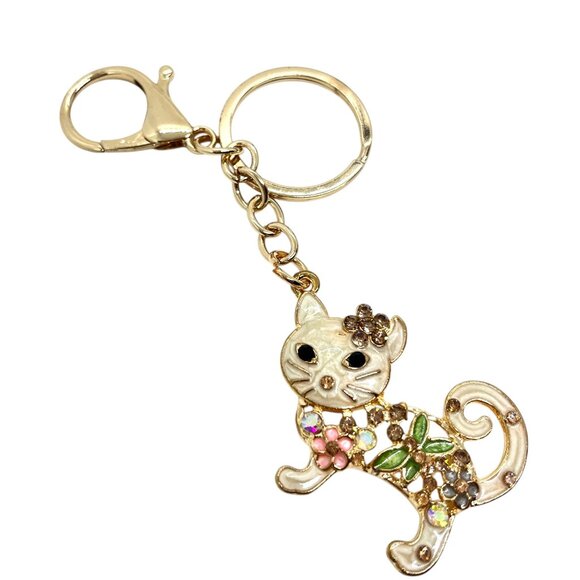 3/$30 CAT KEYCHAIN GOLD TONE ENAMEL RHINESTONE KITTY BAG CHARM BOUTIQUE NWT GIFT - Picture 4 of 10